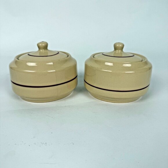 Set of 2 Shenango China Inca Ware Restaurant Southwest Tan Stripe Sugar Bowl USA - Picture 1 of 8